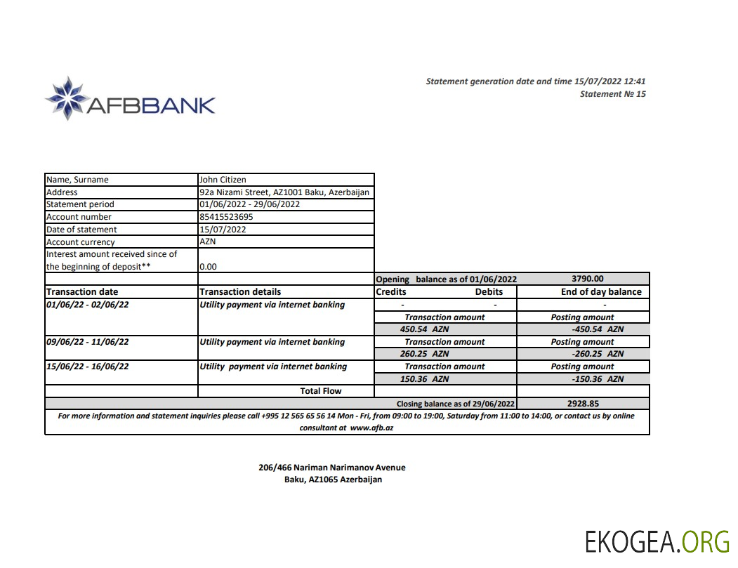 Relevé de la banque Afbbank d'Azerbaïdjan